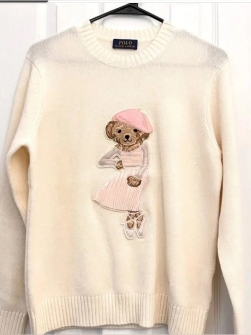 Polo by Ralph Lauren Cream Crewneck Sweater with Pink Bear Applique